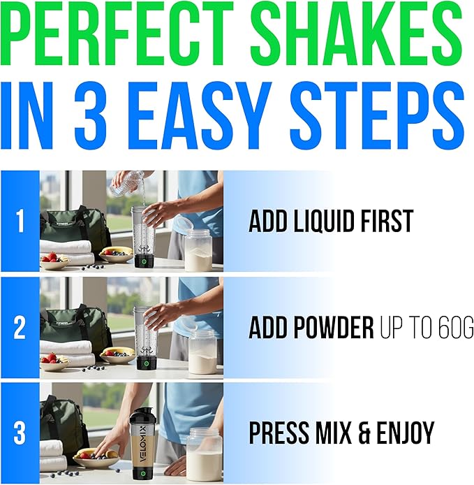 VELOMIX Electric Protein Shaker Bottle - 24 oz | USB-C Rechargeable | Leak Proof Shaker Cups for Protein Shakes | Portable Blender for Shakes and Smoothies (Electric - Black)