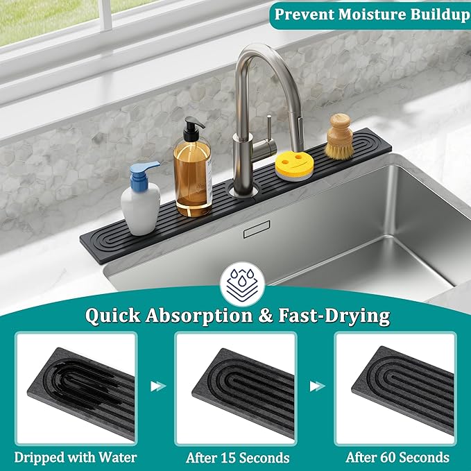 Stone Faucet Mat for Kitchen Sink - Quick Dry Diatomite Sink Splash Guard, Prevents Moisture Buildup & Water Stains, Water Absorbing Stone Tray for Bathroom Countertop (Dark Gray, 20" x 4")