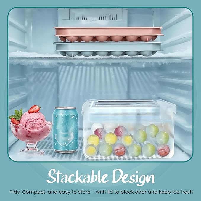 2 Pack Round Ice Cube Tray with Lid, Bin & Scoop - 0.8" 66PCS Tiny Sphere Ice Ball Maker Molds, Stackable Ice Trays for Freezer, BPA-Free Plastic Iced Bucket Kits for Cocktails/Whiskey/Coffee/Drinks