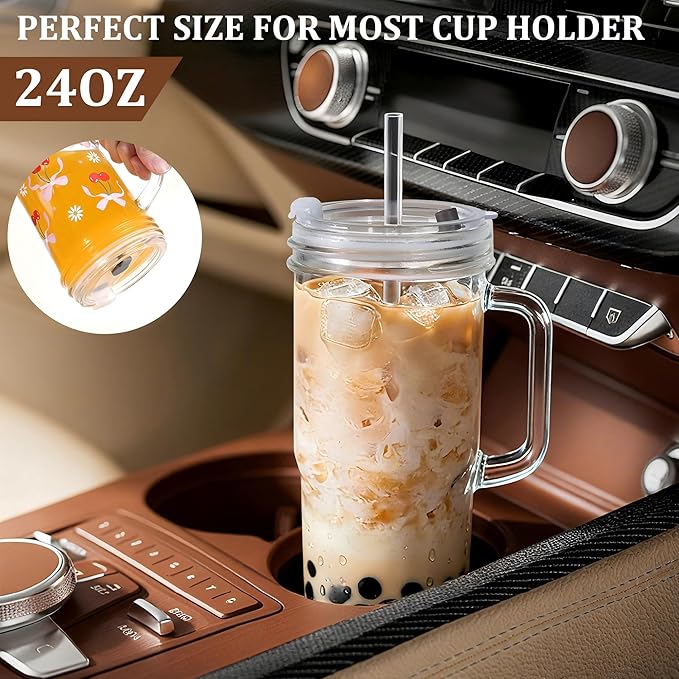 Birity 24oz Pink Bow Glass Cups with Lids and Straws,2 Set Glass Tumbler with Handle,Galss Cup with Stickers and Aesthetic Iced Coffee Cup for Smoothies,Tea,Juice,Boba,Christmas Gifts for Women