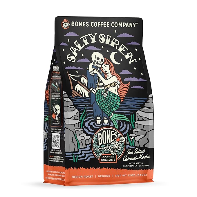 Bones Coffee Company Salty Siren, Sea Salted Caramel Chocolate Flavored Coffee, Medium Roast Low Acid Arabica Beans Compatible with Auto drip and French Press Coffee Maker, 12 Oz Ground