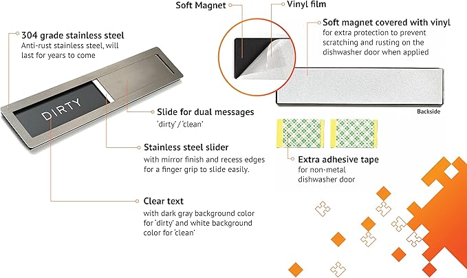 Kubik Letters Clean Dirty Magnet for Dishwasher, Premium Stainless Steel Grade 304, Kitchen Organizers and Storage Decor Accessories, Extra Adhesive Tapes Included.
