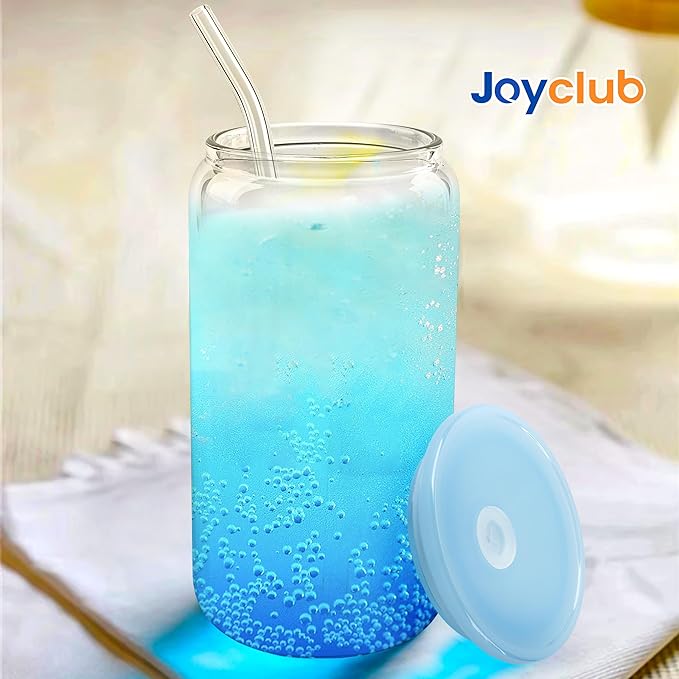 Joyclub 2pcs Glass Cups with Acrylic Lids and Straws 16 oz Can Shaped Glass Iced Coffee Cups with Lids and Straws, Cute Tumbler Cup Drinking Glasses for Smoothie Whiskey Boba Soda Tea Gift