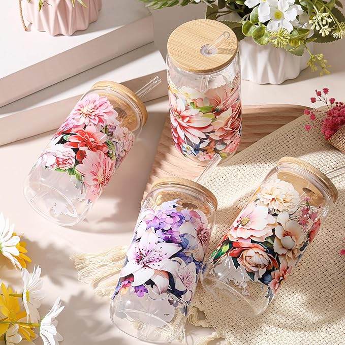 Mumufy 4 Pack Gift for Women Bloom Floral Elegant Glass Cup Tumbler Blooming Garden 16 oz Iced Coffee Glass with Bamboo Lid & Straw, Mothers Day Birthday Gift for Mom Sister Bridesmaid Baby Shower