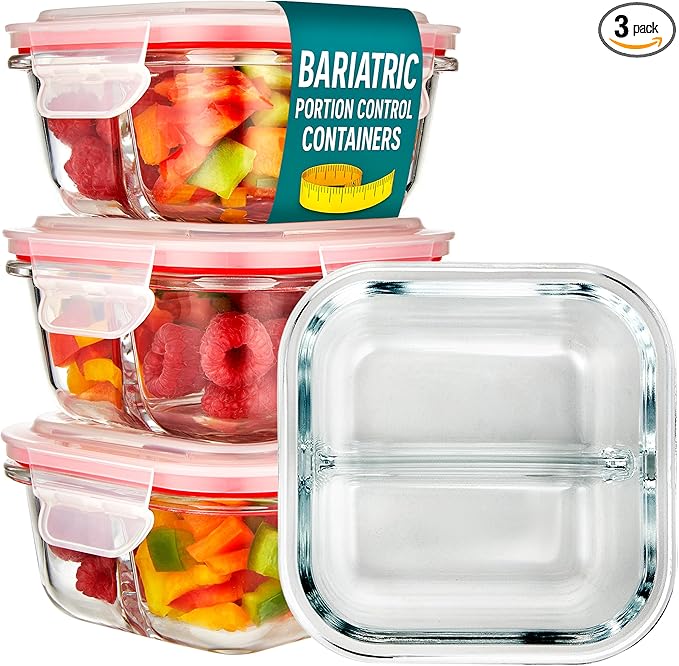 Glass Portion Control Bariatric Containers (3 Pack), 1 Cup Food Containers with Two 4 oz Compartments, 4oz Food Storage Containers for meal prep, Microwave Safe Glass Portion Containers with Lids