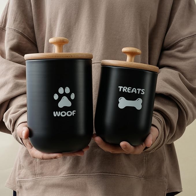 Dog Treat Container Set of 2, Dog treat jar with Airtight Lid, Small dog food container, Dog Cookie Jar for kitchen Counter, Treats Canister, Pet Treat Container 8.3x4.9 & 7.1x4.3 (Black)