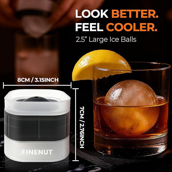 Easy Release Ice Ball Maker Mold, 4 Pack, 2.5 Inch Large Round Ice Cube Mold for Whiskey & Cocktails, Stackable Lid, Reinforced Leak-Resistant Silicone, BPA-Free