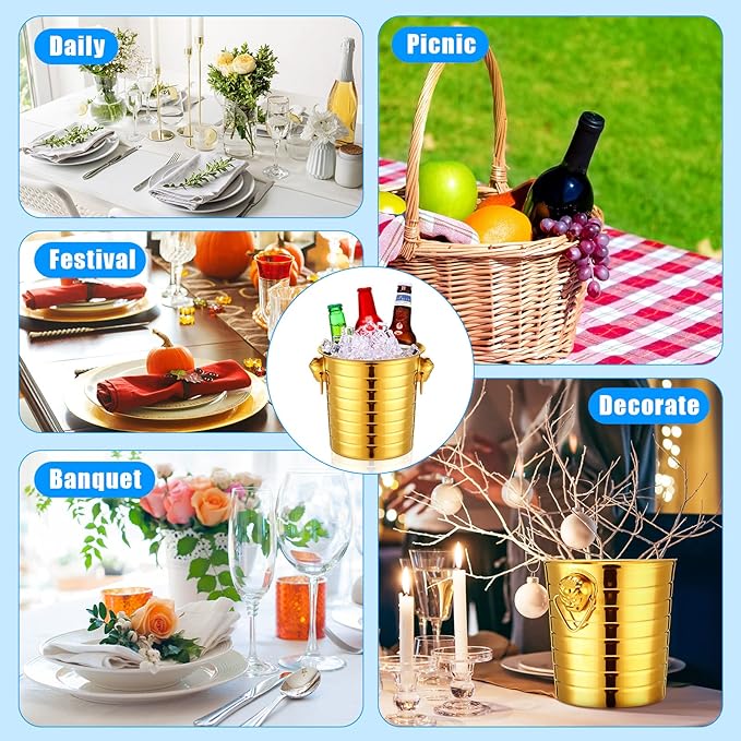 Pinkunn 3 Pack Stainless Steel Champagne Bucket 3 Qt Metal Ice Bucket Double Wall Wine Buckets with Handles Party Beverage Chiller for Champagne Beer Cocktail Wine Drinks Home Bar Accessories (Gold)