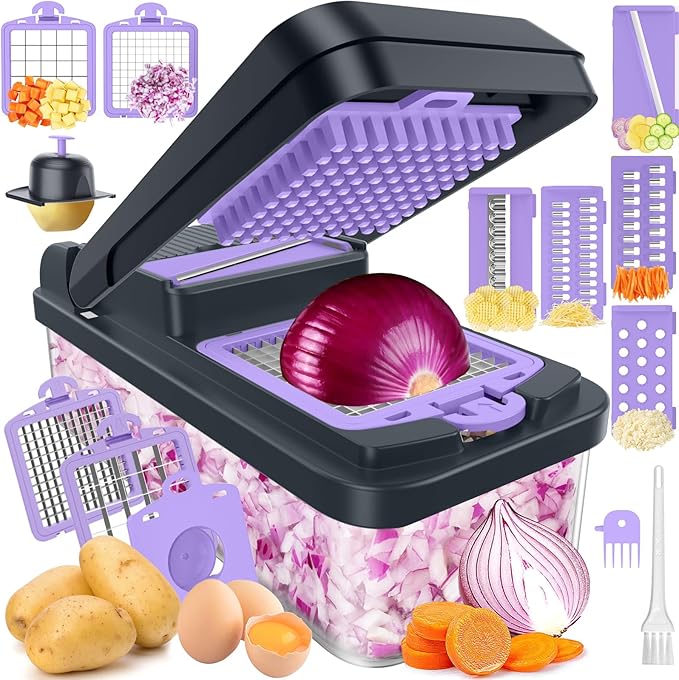 SpaceHacks 12-in-1 Vegetable Chopper, Kitchen Gadgets with 10 Blades, Veggie, Food, Onion Chopper, Cucumber Slicer, Versatile Mandoline, Includes Egg Separator & Finger Guard, Purple