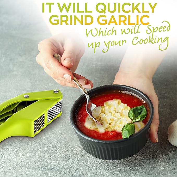 2 in 1 Garlic Slicer and Mincer - Multipurpose Garlic Press and Slicer, Stainless Steel and Durable Plastic, 7.6 x 1.7 x 2.5" Convenient Size, Easy to Use and Clean, Good for Home and Commercial Use