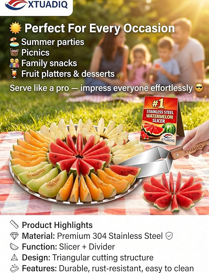 Stainless Steel Watermelon Slicer, 2026 New Triangle Watermelon Cutter, Stainless Steel with Wooden Handle for A Wide Variety Watermelon, Cantaloupe, Honeydew, Apples, and More (3pcs)
