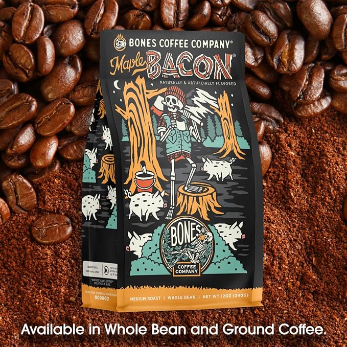 Bones Coffee Company Maple Bacon, Bacon and Maple Syrup Flavored Coffee, Medium Roast Low Acid Arabica Beans Compatible with Auto drip and French Press Coffee Maker, 12 Oz Ground