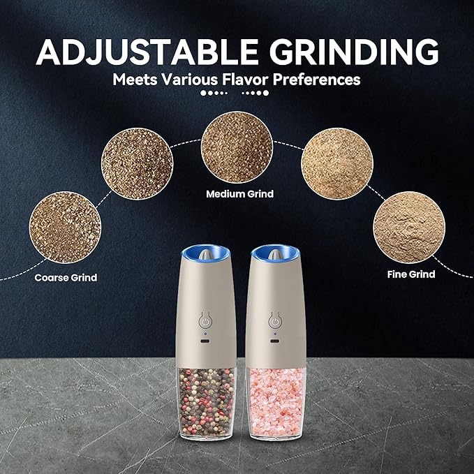 UNNEES Rechargeable Electric Salt and Pepper Grinder set of 2, gravity electric salt and pepper grinder set, Adjustable Roughness, LED Light, 2 Pack, (Khaki)