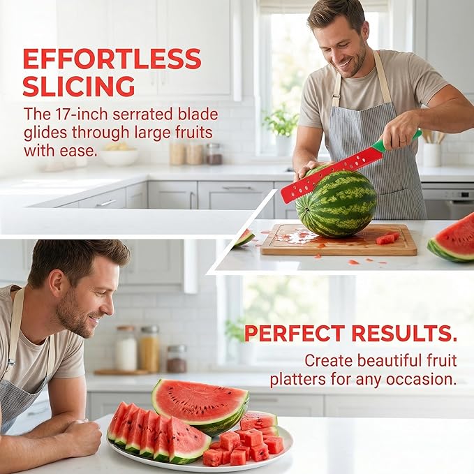 TOYANDONA 17 Inch Watermelon Cutter Serrated Fruit Knife with Protective Sleeve Large Stainless Steel Melon Knife for Watermelon Slicing and Summer Bbq Kitchen Tool
