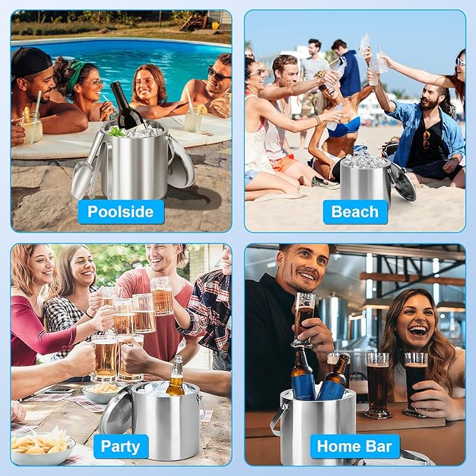 Ice Bucket with Lid, Scoop, Tongs and Strainer - Well Made Insulated Stainless Steel Keep Ice Frozen Longer - Ideal for Cocktail Bar, Parties, Chilling Wine, Champagne - 3 Liter (Stainless Steel)