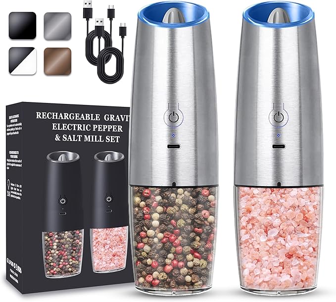 UNNEES Rechargeable Electric Salt and Pepper Grinder set of 2, gravity electric salt and pepper grinder set, Adjustable Roughness, LED Light, 2 Pack, (Silver)