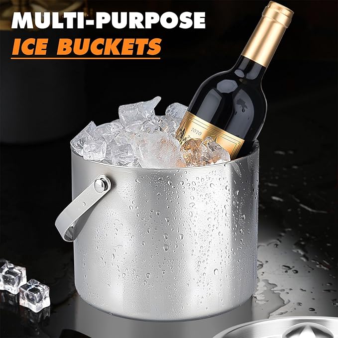 Ice Bucket, 3L Double-Wall Stainless Steel Insulated Ice Bucket With Lid and Ice-Tong, Ice-Buckets for Parties Home Bar, Chilling Beer, Champagne, Wine Bottle(Silver)