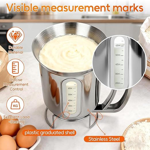 32oz Stainless Steel Pancake Batter Dispenser with Handle, Visible Scale Design, Pancake Mix Dispensers for Funnel Cake, Pancakes, Cupcakes, Waffles, Crepes, 900ml