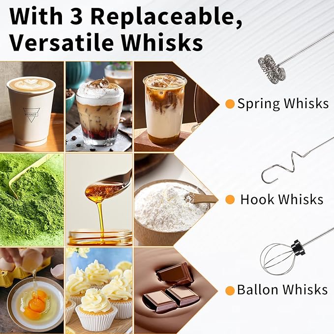 Rechargeable Handheld Milk Frother with Stand, 3 Speeds 3 Detachable Stainless Steel Whisks Electric Drink Mixer, Coffee Mixer for Lattes Cappuccino Matcha Eggs, Kitchen Gifts