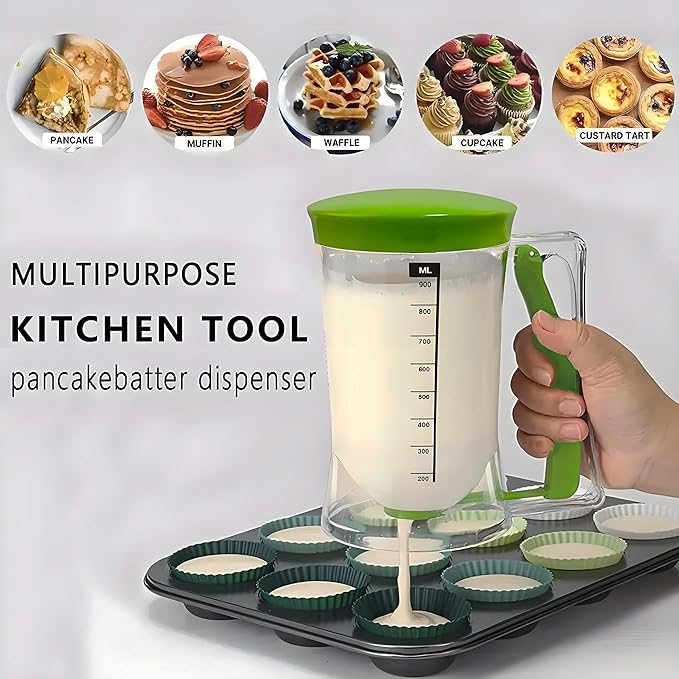 Pancake Batter Dispenser with Measuring Label, 4 Cup Capacity, 900ml With Squeeze Handle Kitchen Dispenser Bottle for Pancakes, Waffles, Muffins, Green