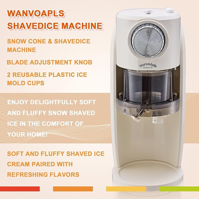 Wanvoapls Shaved Ice Machine - Snow Cone Machine for Homemade Shaved Ice, Snow Cones, Slushie Ice Shaver With Stainless Steel Blade Adjustment Knob, 2 Reusable Ice Mold Cup for snowflakes - White