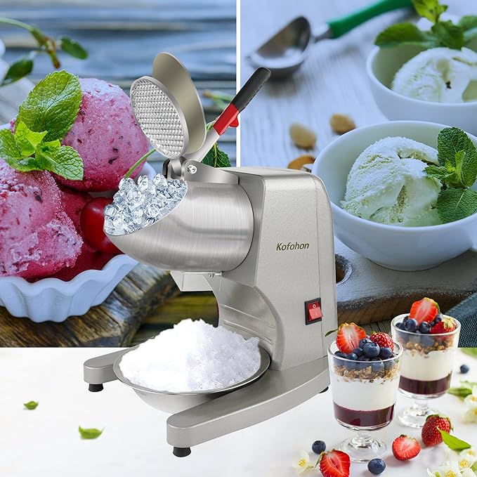 Electric Ice Shaver,Shaved Ice Machine Strong Powerful For Home&Commercial Use,Steel Ice Crusher With Dual Blades&Lips,Higher Ice Outlet for Plate,Bowl&Cup,300W/2200rpm/220lbs/hrs.