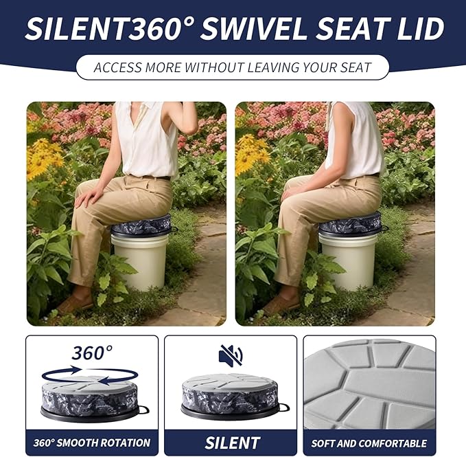 5 Gallon Bucket Seat with 3" Thick Seat Foam Cushion,360°Swivel Bucket Lid Seat,Silent Bucket Seats for Ice Fishing, Baseball, Gardening and Camping, Padded with Memory Foam.