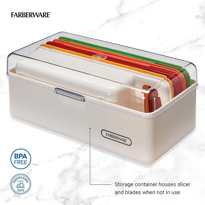 Farberware Mandoline Vegetable Slicer with 4 Blades and Container, BPA‑Free, Dishwasher Safe, Multicolored