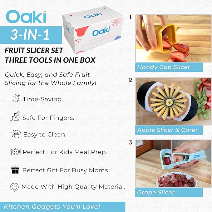 Oaki Bitty Bites Bundle | 3-in-1 Fruit Cutter Set | Apple, Grape, Strawberry Slicer & More | Precision Food Prep Slicer Set