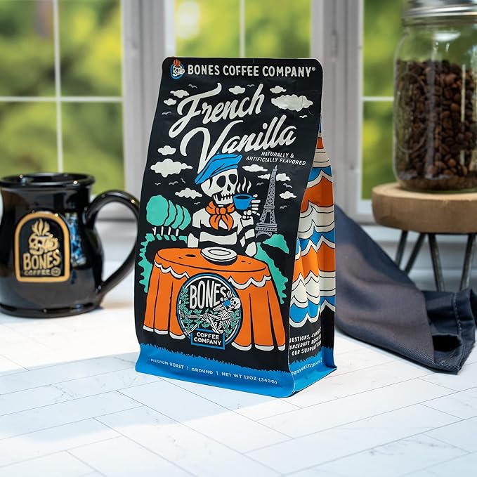 Bones Coffee Company French Vanilla, Creamy Vanilla Flavored Coffee, Medium Roast Low Acid Arabica Beans Compatible with Auto drip and French Press Coffee Maker, 12 Oz Ground