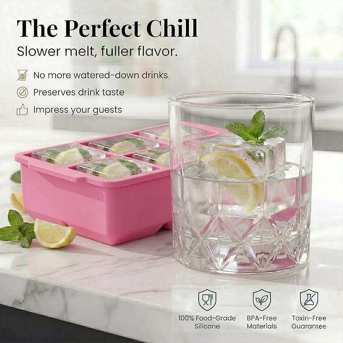 KitchFort Large Silicone Ice Cube Tray (2-Pack), Easy Release 2" Big Ice Cubes - Cocktail, Whiskey Ice Cubes Mold - Ice Trays for Freezer with Lid - Stackable Silicone Ice Tray - Pink