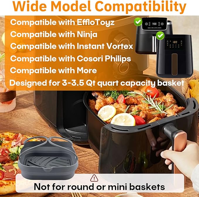 2-Pack Universal Silicone Air Fryer Basket Liners Compatible with Cosori Philips Ninja Instant Vortex Air Fryer Models, Fit for Most Air Fryer, Reusable, Easy to Clean & Store
