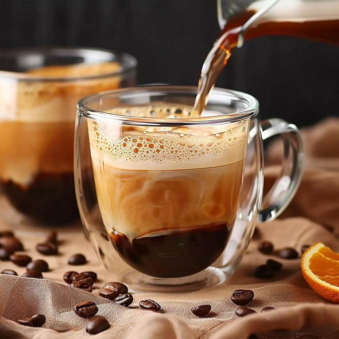 YMMIND Set of 4 Double Walled Glass Coffee Mugs 8 Ounces Insulated Layer Coffee Cups with Handle Borosilicate Glass Espresso Cup for Hot Beverage,Cappuccino,Tea,Latte,Wine,Microwave Safe