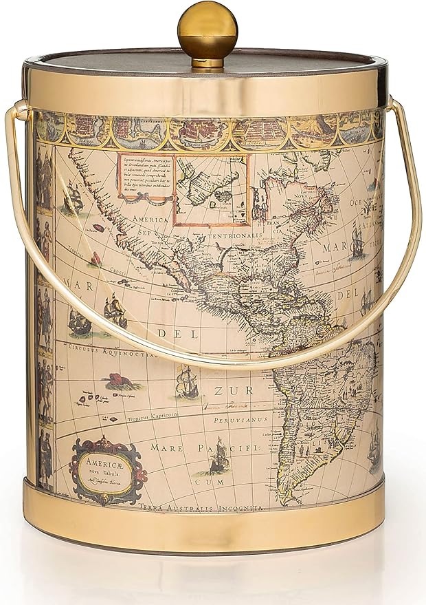Made In USA Metallic Deco Collection Double Walled Insulated Ice Bucket With Ice Tongs (5-Quart, Vintage Americas Map)