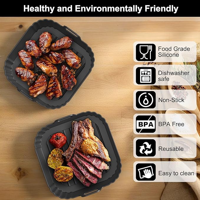 8.5 Inch Square Silicone Air Fryer Liners 2 Pack, Reusable Air Fryer Basket Liners for Ninja AF141 AF142 AF181, COSORI, Cuisinart, Chefman, Instant Air Fryer 5–6.5 QT