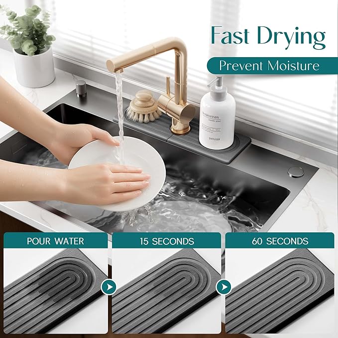 eormoe Faucet Mat for Kitchen Sink - Wider Diatomite Fast Drying Stone Sink Tray, Super Absorbent, Prevents Moisture Buildup - Faucet Splash Guard for Bathroom Counter (Dark Grey, 15x5.3inch)