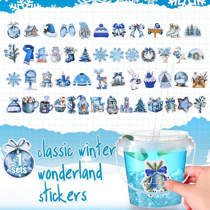 Funnymoom 30 Sets Clear Plastic Cups 24 oz Ice Cream Buckets with Lids & Straws Disposable Drink Cups Cocktail Pails Bulk with Handles and Stickers for Outdoor Beach Birthday Pool Party(Winter)