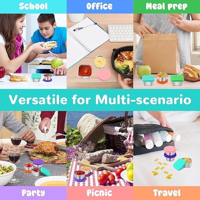 LIEMAND 6PCS Salad Dressing Container to Go, Leakproof Reusable Stainless Steel small container with lid,Sauce Containers for Lunch box,Picnics,Travel,Office and Meal Prep-1.6+2.7 Sets