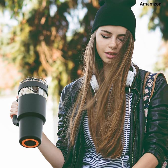 asobu Extra Large Travel Explorer Tumbler for Hot and Cold with Stainless Steel Removable Coffee Mug Sleeve - Straw and Flip Open Sip Spout, 34 oz / 25 oz (Black)