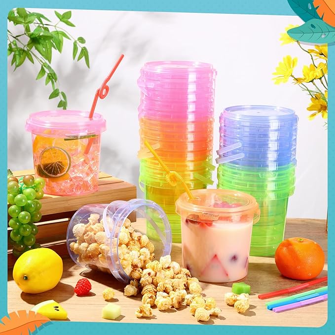 Funnymoom 32 Pack 32 oz Plastic Rum Buckets for Drinks with Straws Ice Cream Cocktail Bucket with Lids and Handles Reusable Food Containers Cup for Parties Summer Beach Bar Beer (Muticolor)