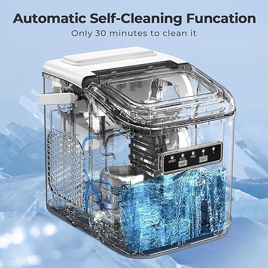 Ice Maker Countertop, Portable Self-Cleaning Ice Machine with Ice Scoop and Basket,9 Cubes in 6 Mins, 26.5lbs/24h,2 Sizes of Bullet Ice Cube for Home Kitchen Office Bar Party(White)