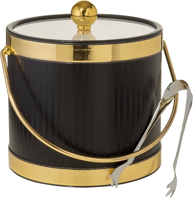 Made In USA Metallic Deco Collection Double Walled Insulated Ice Bucket With Ice Tongs (3-Quart, Black & Gold)