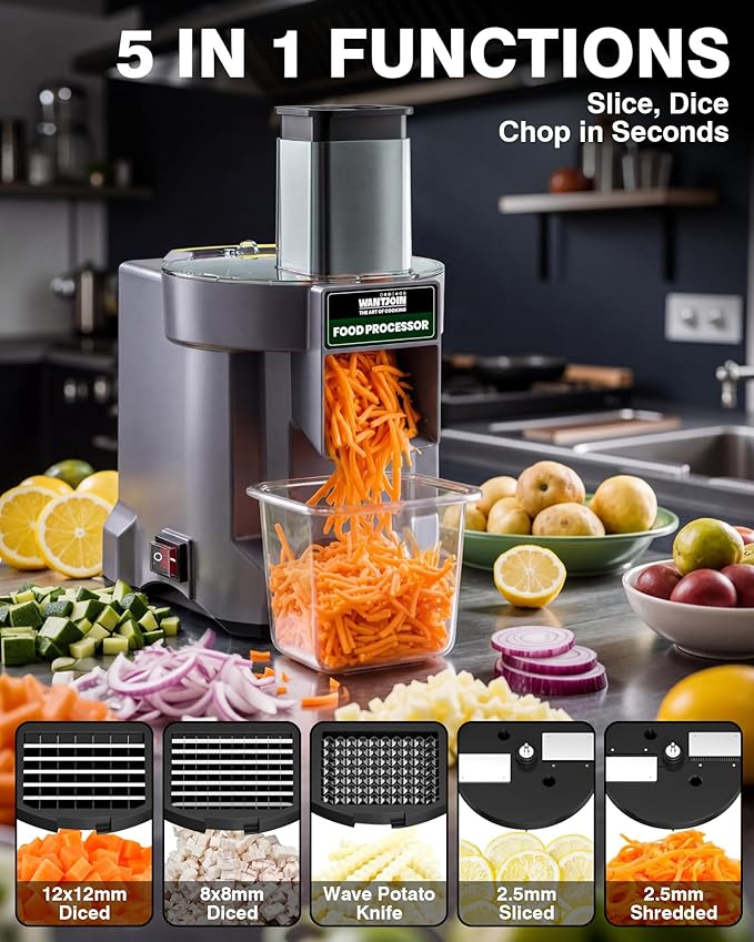 WantJoin 5 in 1 Electric Vegetable Chopper - Multifunctional Commercial Vegetable Dicer Food Fruit Processor Stainless Steel Blades for Slicing(2.5mm), Dicing(8/12mm), Chopping(2.5mm),Shredding
