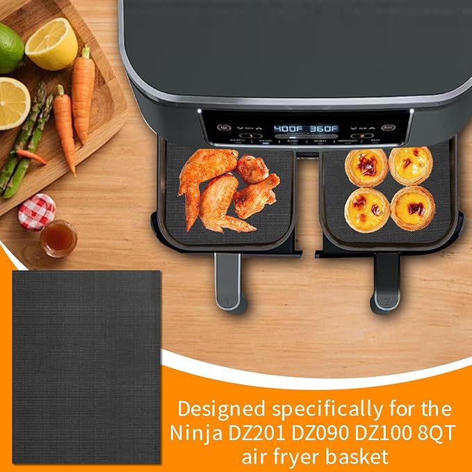 Oven Liners for Bottom of Oven, 8"x5.5" Pre-Cut Square Fiberglass Reusable Non-Stick Heat Resistant Liners Mat for Ninja Foodi DZ201 DZ090 DZ100 Air Fryer, 4 Pack