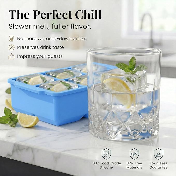 KitchFort Large Silicone Ice Cube Tray (2-Pack), Easy Release 2" Big Ice Cubes - Cocktail, Whiskey Ice Cubes Mold - Ice Trays for Freezer with Lid - Stackable Silicone Ice Tray - Blue