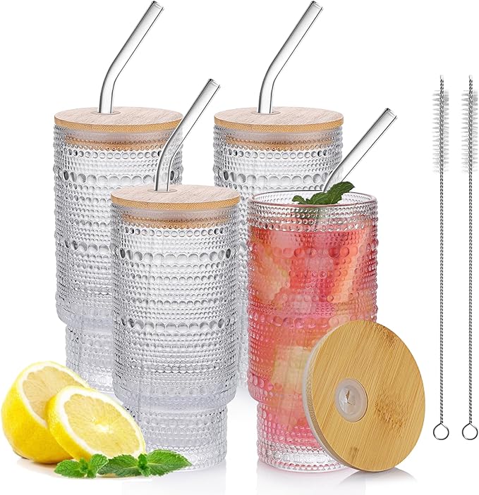 16oz Glass Cups with Lids and Straws, 4 Pack Vintage Drinking Glasses Tumblers Polka Dot Iced Coffee Cups for Kitchen, Home, Office, Gifts