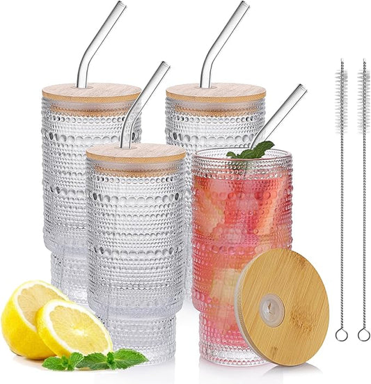 16oz Glass Cups with Lids and Straws, 4 Pack Vintage Drinking Glasses Tumblers Polka Dot Iced Coffee Cups for Kitchen, Home, Office, Gifts