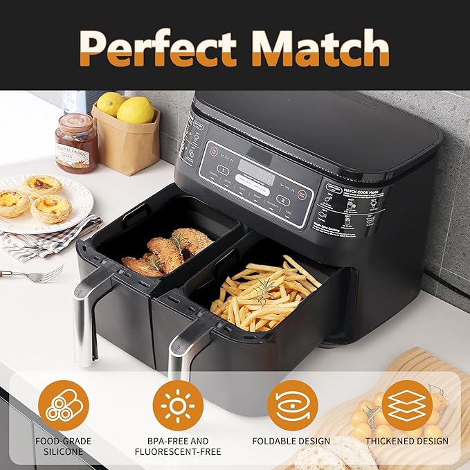 Collapsible 2-Pack Air Fryer Silicone Liners for 10QT NINJA Foodi Dual, Reusable Rectangular Silicone Basket Pot for Air Fryer Accessories (Black)