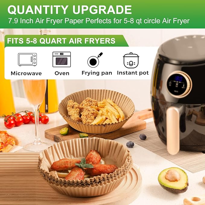 Air Fryer Disposable Paper Liners: 125 PCS 8" Round Parchment Paper, Food Grade Baking Liner for 5-8 QT Airfryer Basket, Waterproof and Oilproof for Easy Cleanup