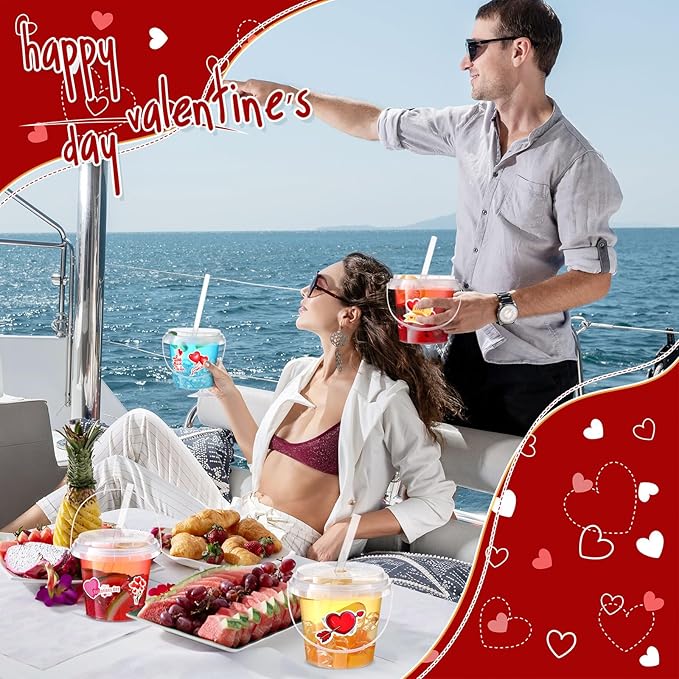Funnymoom 30 Set Valentine's Day Clear Plastic Cups with Lids & Straws 24oz Disposable Rum Drink Buckets Bulk for Cocktail Parties with Handles & Stickers for Wedding Valentines Theme Party Supplies